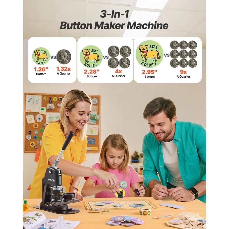 VEVOR Button Maker Machine, 32/58/75 mm 3-in-1, Plastic Pin Maker with 300pcs Button Parts, Circle Cutter and Magic Book, Reinforced Ergonomic Handle, for DIY Badges, Personalized Pins, Black