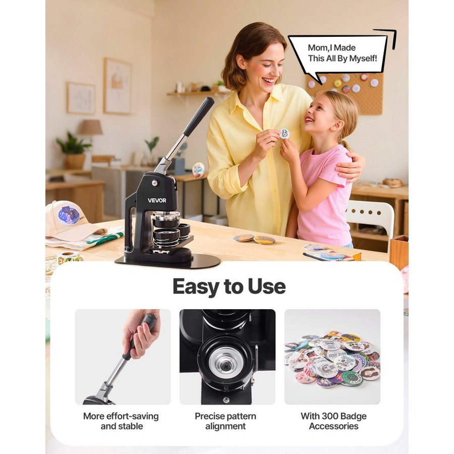 VEVOR Button Maker Machine, 32/58/75 mm 3-in-1, Plastic Pin Maker with 300pcs Button Parts, Circle Cutter and Magic Book, Reinforced Ergonomic Handle, for DIY Badges, Personalized Pins, Black