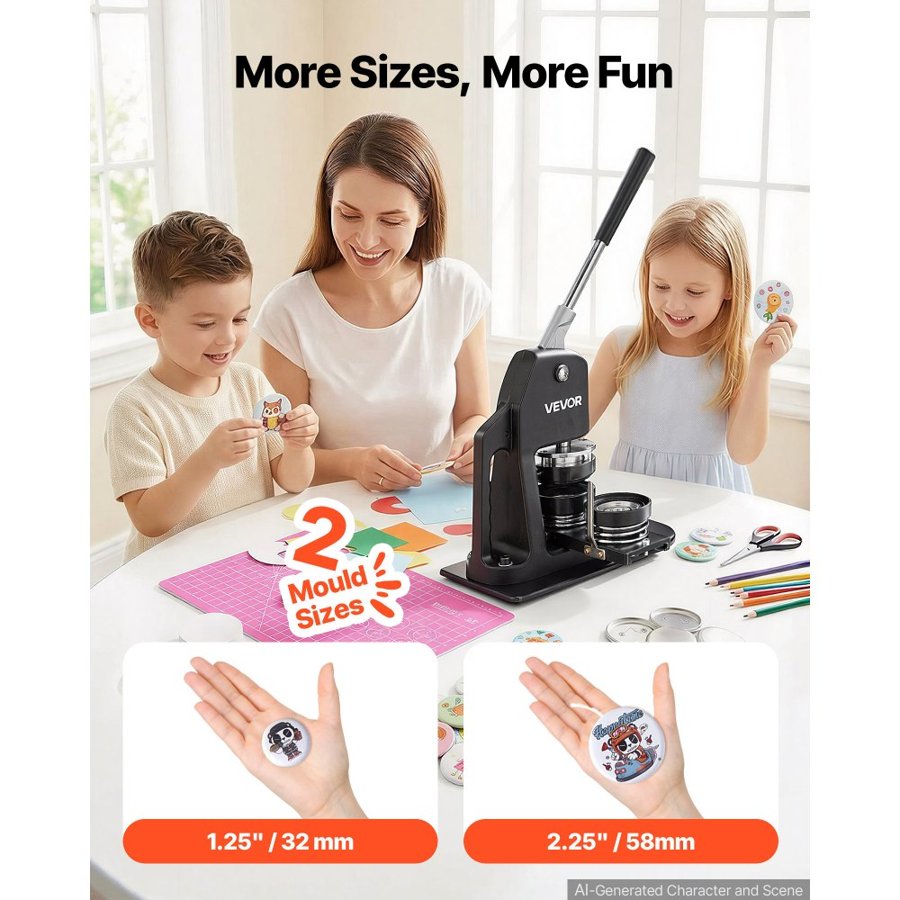 VEVOR Button Maker Machine, Multiple Sizes 1.25+2.25 Inch Badge Punch Press Kit, Children DIY Gifts Pin Maker, Button Making Supplies with 500pcs Button Parts & Circle Cutter & Magic Book