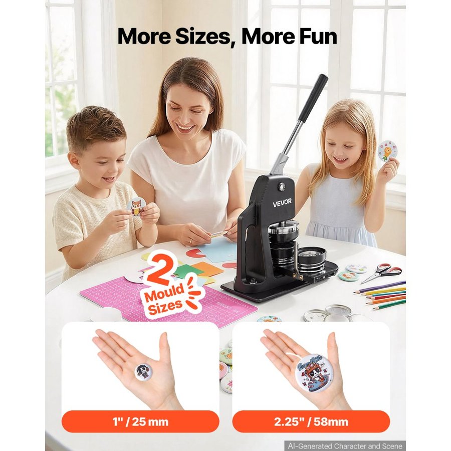 VEVOR Button Maker Machine, Multiple Sizes 1+2.25 Inch Badge Punch Press Kit, Children DIY Gifts Pin Maker, Button Making Supplies with 500pcs Button Parts & Circle Cutter & Magic Book
