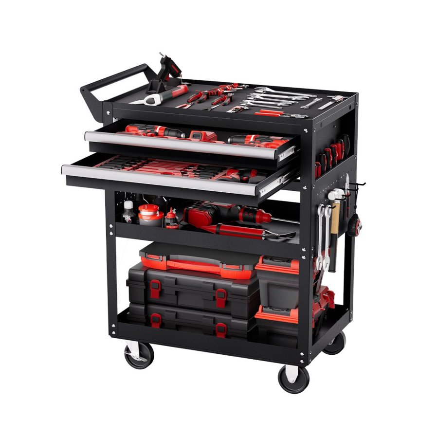 VEVOR 5-Tier Tool Cart with Wheels, 400 lbs Load Capacity, Rolling Work Cart with 2 Drawers & Pegboard, Mechanic Tool Storage Organizer with Locking System for Garage, Warehouse and Repair Shop, Black