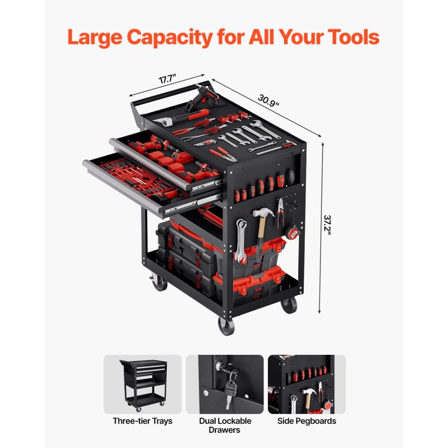 VEVOR 5-Tier Tool Cart with Wheels, 400 lbs Load Capacity, Rolling Work Cart with 2 Drawers & Pegboard, Mechanic Tool Storage Organizer with Locking System for Garage, Warehouse and Repair Shop, Black
