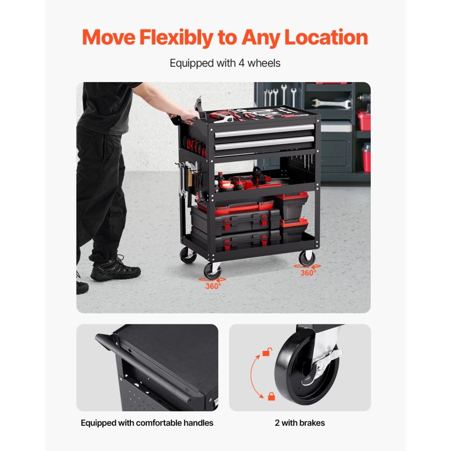 VEVOR 5-Tier Tool Cart with Wheels, 400 lbs Load Capacity, Rolling Work Cart with 2 Drawers & Pegboard, Mechanic Tool Storage Organizer with Locking System for Garage, Warehouse and Repair Shop, Black