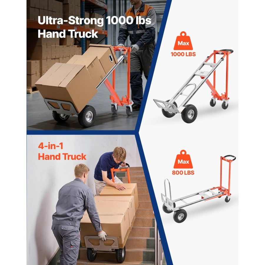 VEVOR 4 in 1 Hand Truck, 453.6 kg Load Capacity for 4-Wheel Mode, Convertible Hand Truck Dolly with Non-Slip Handle & Wheels, Aluminum Alloy Portable Trolley Dolly for Moving Home, Office, Warehouse