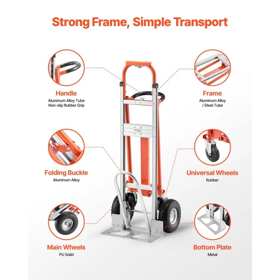 VEVOR 4 in 1 Hand Truck, 453.6 kg Load Capacity for 4-Wheel Mode, Convertible Hand Truck Dolly with Non-Slip Handle & Wheels, Aluminum Alloy Portable Trolley Dolly for Moving Home, Office, Warehouse