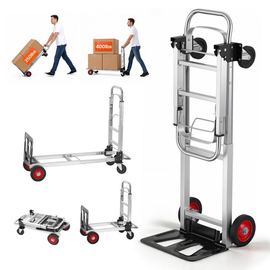 VEVOR Aluminum Hand Truck, 2 in 1, 181.4 kg Load Capacity, Heavy Duty Industrial Convertible Folding Hand Truck and Dolly, Utility Cart Converts from Hand Truck to Platform Cart with Rubber Wheels