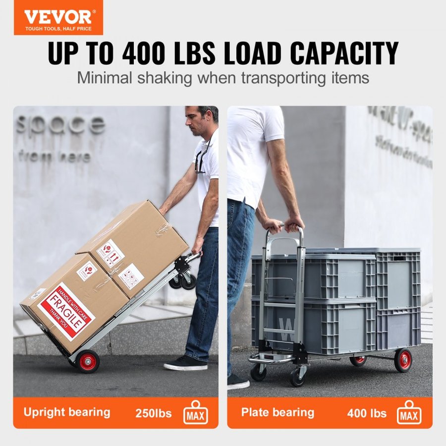 VEVOR Aluminum Hand Truck, 2 in 1, 181.4 kg Load Capacity, Heavy Duty Industrial Convertible Folding Hand Truck and Dolly, Utility Cart Converts from Hand Truck to Platform Cart with Rubber Wheels