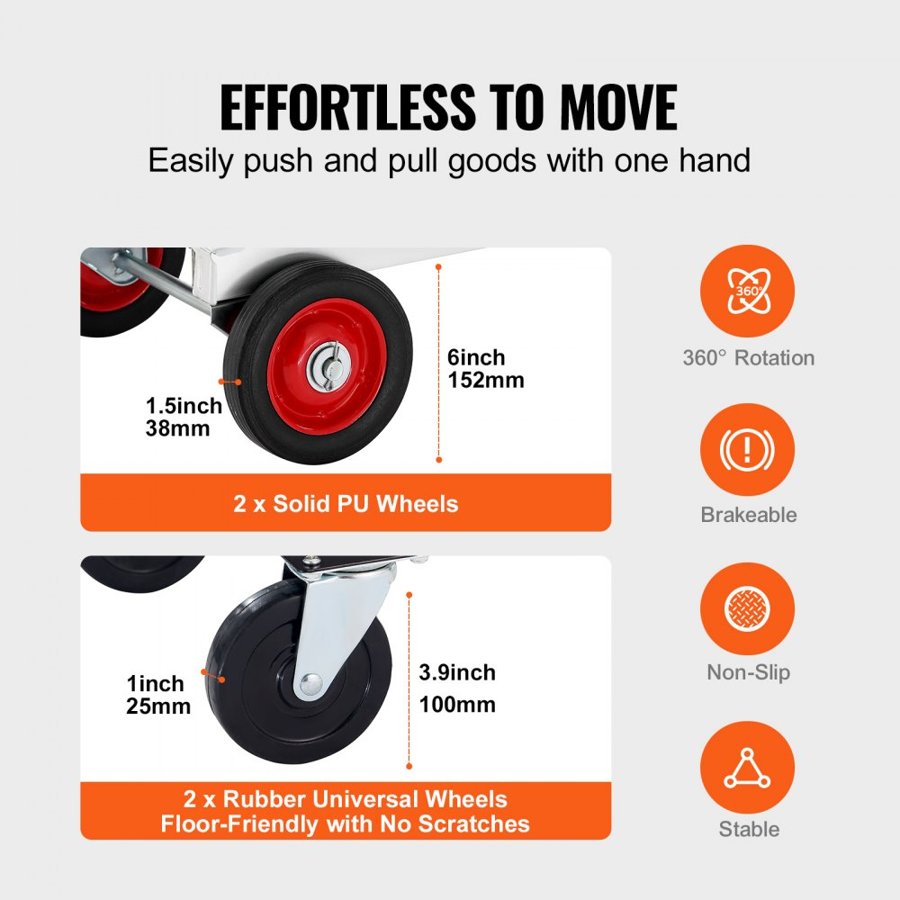VEVOR Aluminum Hand Truck, 2 in 1, 181.4 kg Load Capacity, Heavy Duty Industrial Convertible Folding Hand Truck and Dolly, Utility Cart Converts from Hand Truck to Platform Cart with Rubber Wheels