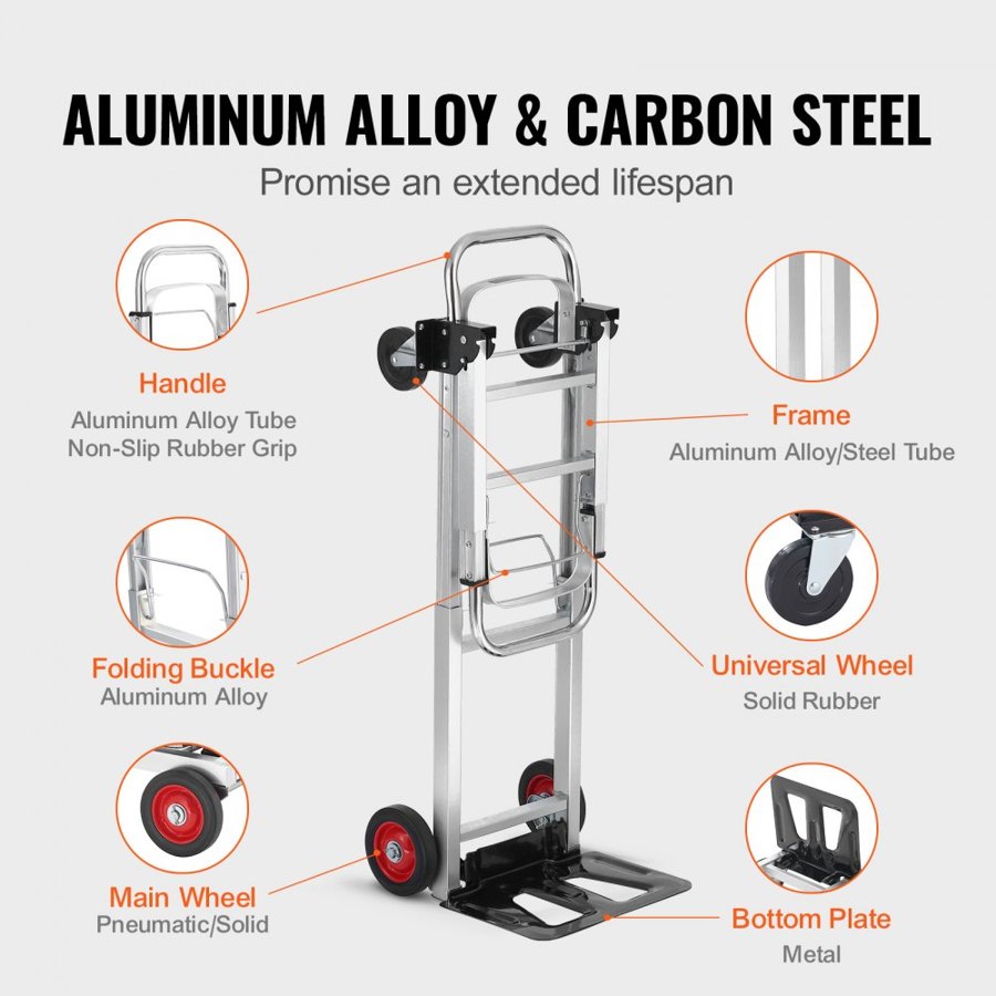 VEVOR Aluminum Hand Truck, 2 in 1, 181.4 kg Load Capacity, Heavy Duty Industrial Convertible Folding Hand Truck and Dolly, Utility Cart Converts from Hand Truck to Platform Cart with Rubber Wheels