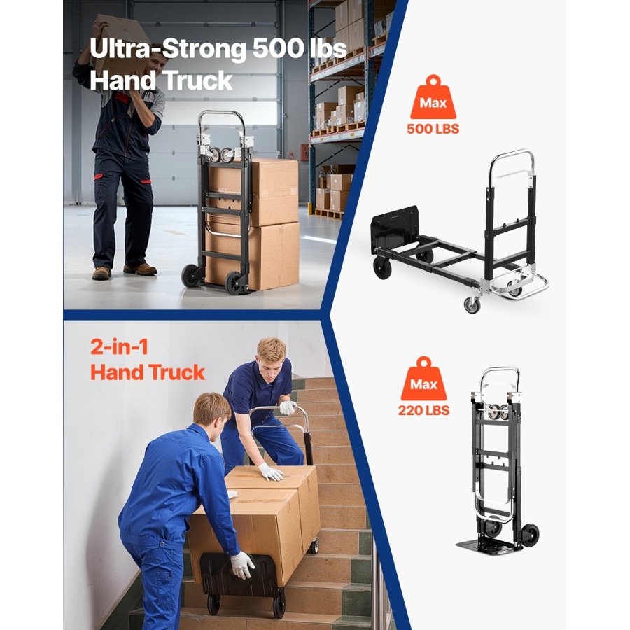 VEVOR 2 in 1 Hand Trolley – 500 LBS, 43.9 x 16.3 x 36.4 Inch