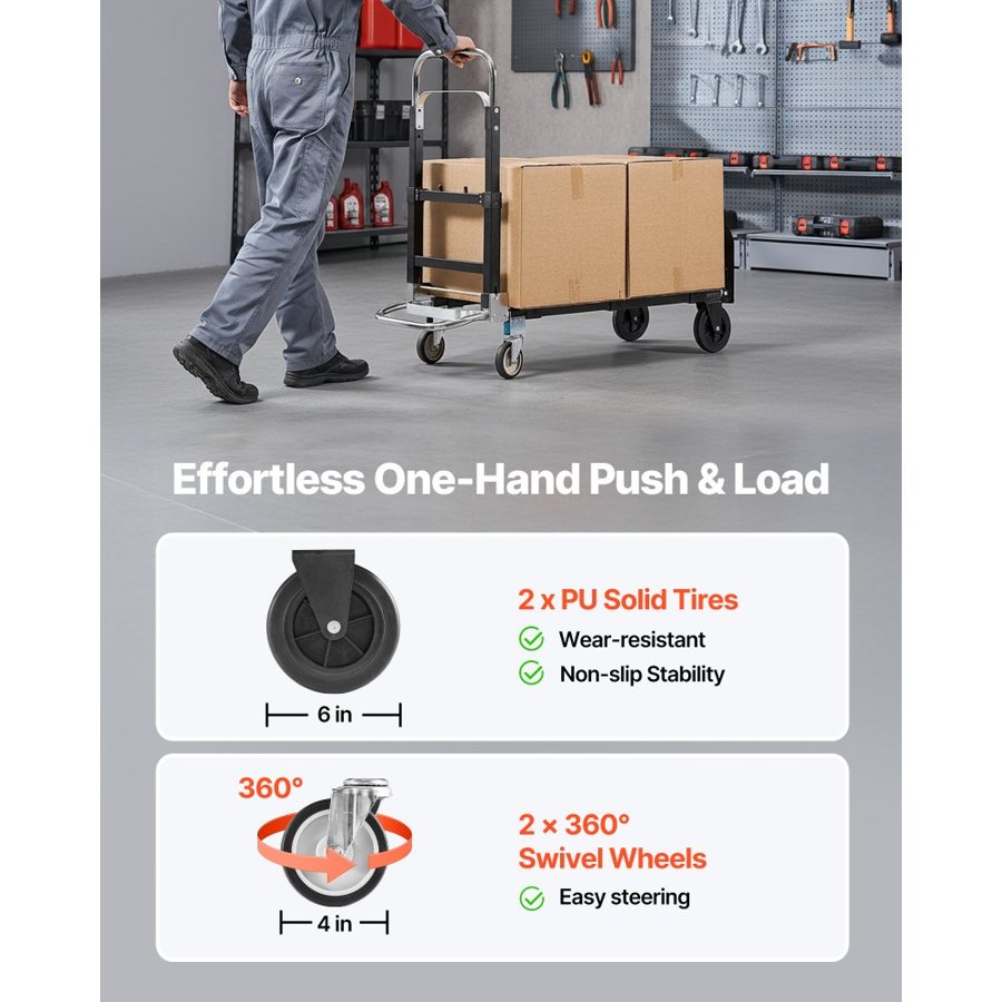 VEVOR 2 in 1 Hand Trolley – 500 LBS, 43.9 x 16.3 x 36.4 Inch
