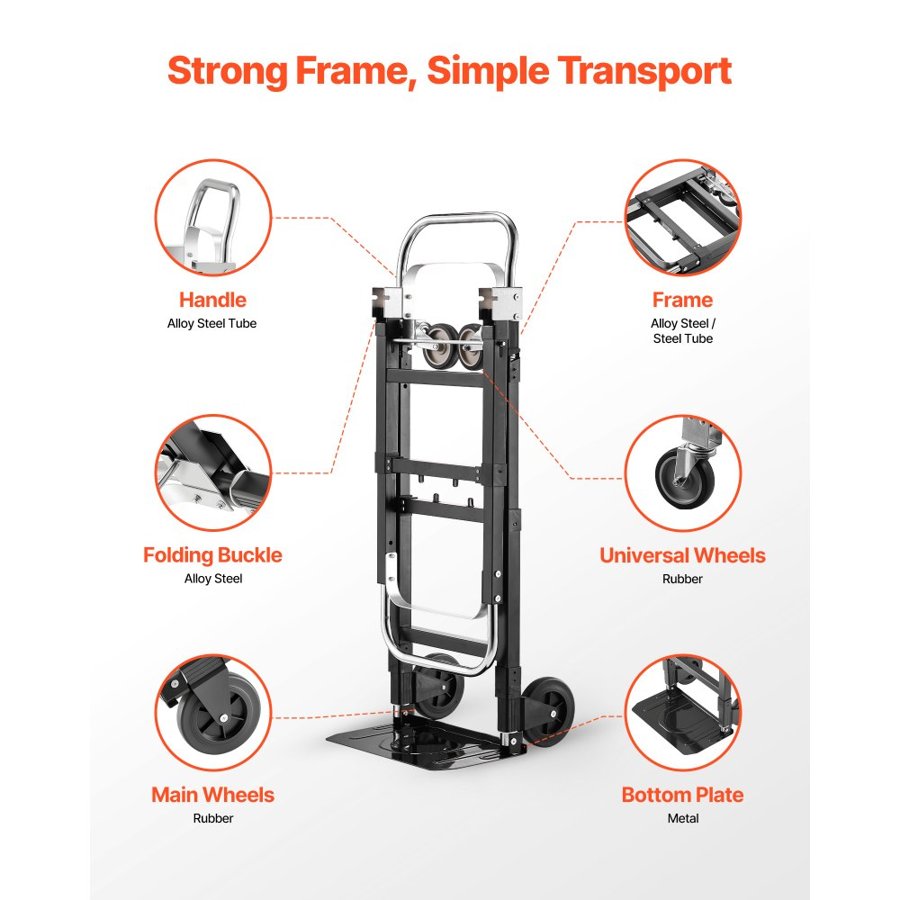 VEVOR 2 in 1 Hand Trolley – 500 LBS, 43.9 x 16.3 x 36.4 Inch
