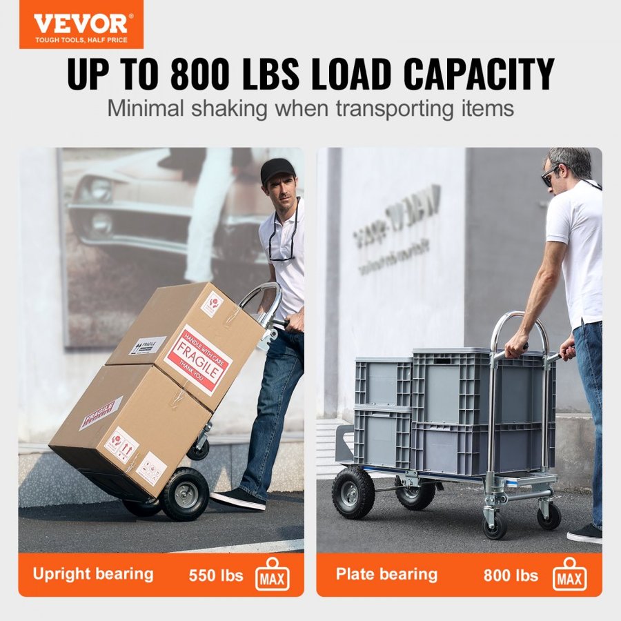 VEVOR Aluminum Hand Truck, 2 in 1, 362.9 kg Load Capacity, Heavy Duty Industrial Convertible Folding Hand Truck and Dolly, Utility Cart Converts from Hand Truck to Platform Cart with Rubber Wheels
