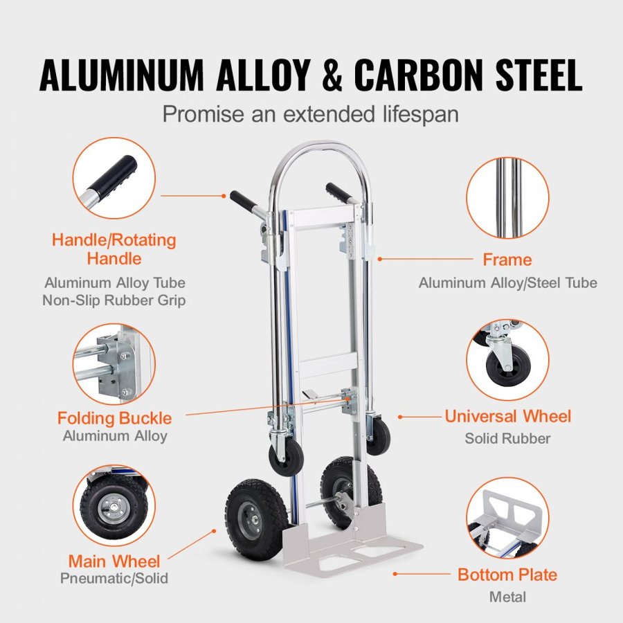 VEVOR Aluminum Hand Truck, 2 in 1, 362.9 kg Load Capacity, Heavy Duty Industrial Convertible Folding Hand Truck and Dolly, Utility Cart Converts from Hand Truck to Platform Cart with Rubber Wheels