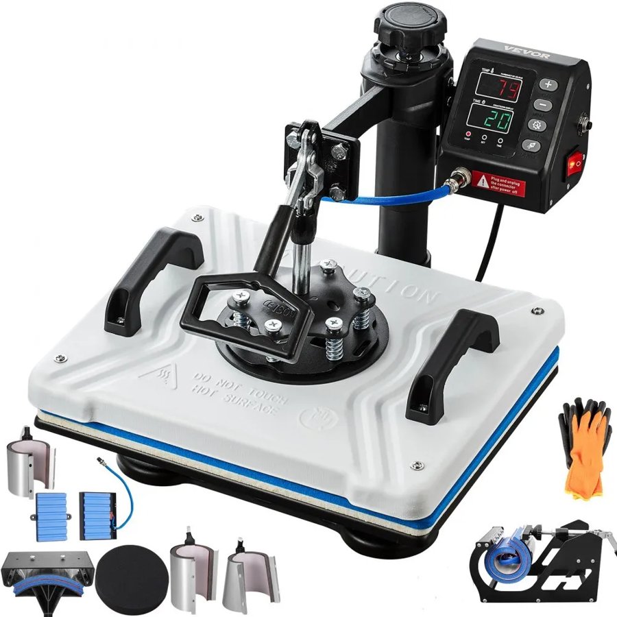 VEVOR Heat Press 30.5x38.1 cm 10 In 1 Heat Press 1000W Heat Press Machine with 360° Rotation Swing Away White Heat Press T-Shirt Sublimation Machine Dual-tube Heating for DIY Pens Caps Mugs and Shirts