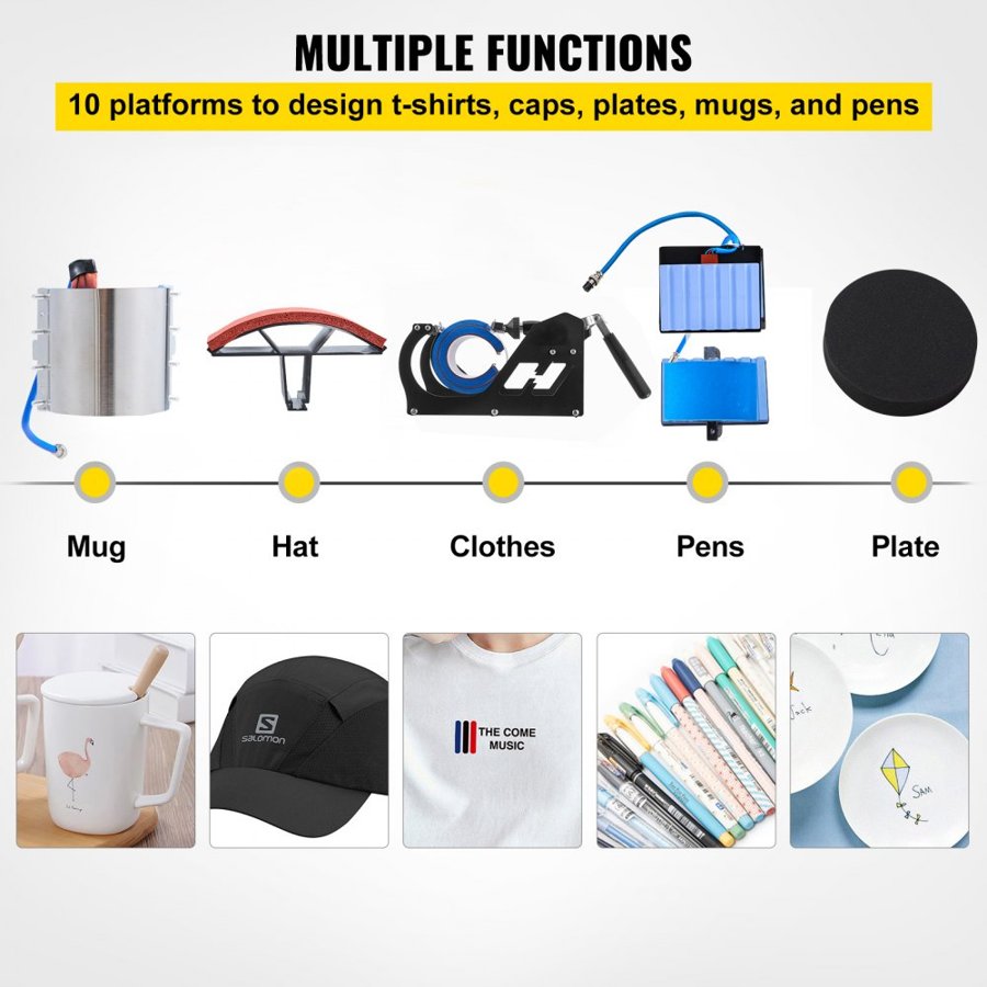 VEVOR Heat Press 30.5x38.1 cm 10 In 1 Heat Press 1000W Heat Press Machine with 360°Rotation Swing Away Black 10 In 1 T-Shirt Sublimation Machine Dual-tube Heating for DIY Pens Caps Mugs and Shirts