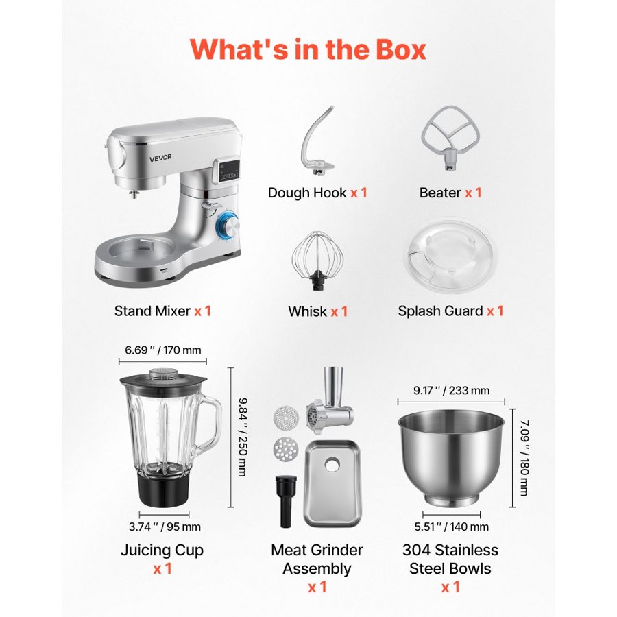 VEVOR Stand Mixer, 5.7 L Electric Kitchen Mixer, 1500W Dough-Mixer, 6+P Speeds Tilt-head Food-Mixer with 1.5 L Blender Cup, Stainless Steel Bowl, Dough Hook, Whisk, Beater, for Baking, Mixing, Silver
