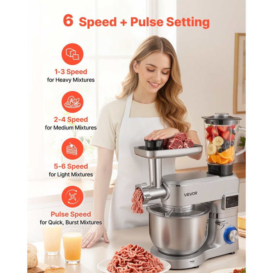 VEVOR Stand Mixer, 5.7 L Electric Kitchen Mixer, 1500W Dough-Mixer, 6+P Speeds Tilt-head Food-Mixer with 1.5 L Blender Cup, Stainless Steel Bowl, Dough Hook, Whisk, Beater, for Baking, Mixing, Silver