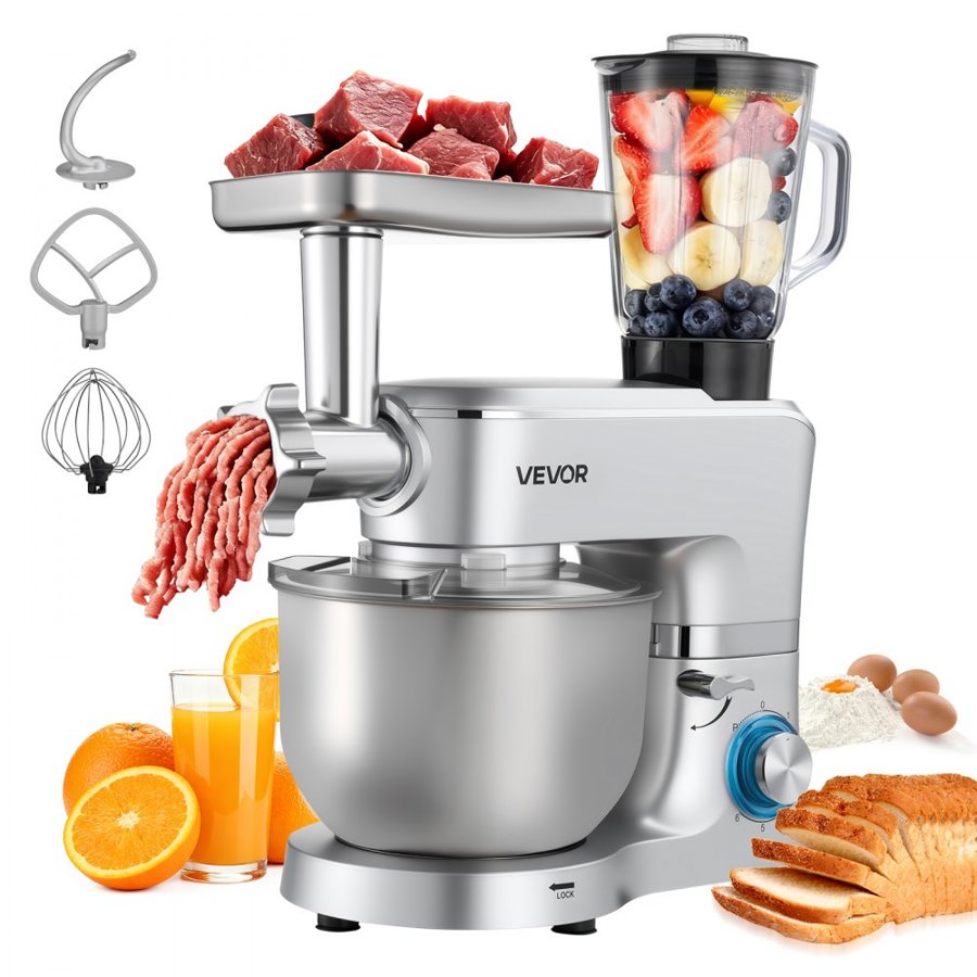 VEVOR Stand Mixer, 6 L Electric Kitchen Mixer, 1500W Dough-Mixer, 6+P Speeds Tilt-head Food-Mixer with 1.5 L Blender Cup, Stainless Steel Bowl, Dough Hook, Whisk, Beater, for Baking, Mixing, Silver