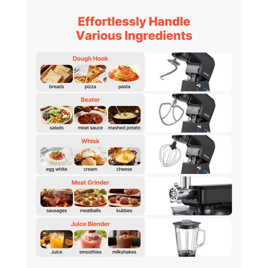 VEVOR Electric Food Stand Mixer – 1500W, 7.8L Bowl, 5-in-1