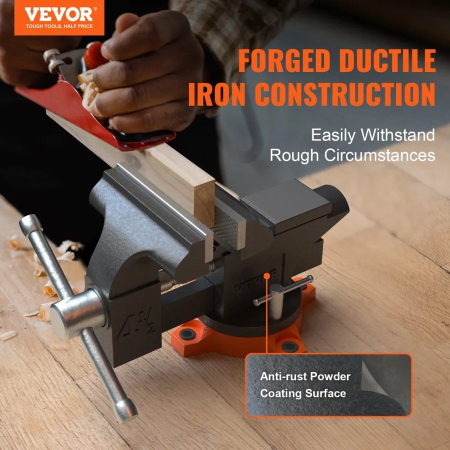VEVOR Bench Vise, 114 mm(4.5-inch) Jaw Width 84 mm(3.3-inch) Jaw Opening , 240-Degree Swivel Locking Base Multipurpose Vise with Anvil, Heavy Duty Cast Iron Workbench Vise with Bolts & Nuts, for Drilling, Pipe Cutti