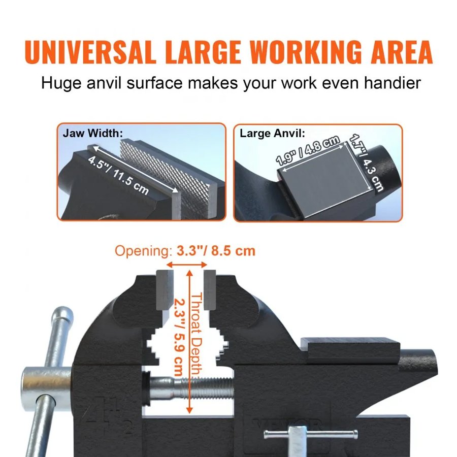 VEVOR Bench Vise, 114 mm(4.5-inch) Jaw Width 84 mm(3.3-inch) Jaw Opening , 240-Degree Swivel Locking Base Multipurpose Vise with Anvil, Heavy Duty Cast Iron Workbench Vise with Bolts & Nuts, for Drilling, Pipe Cutti