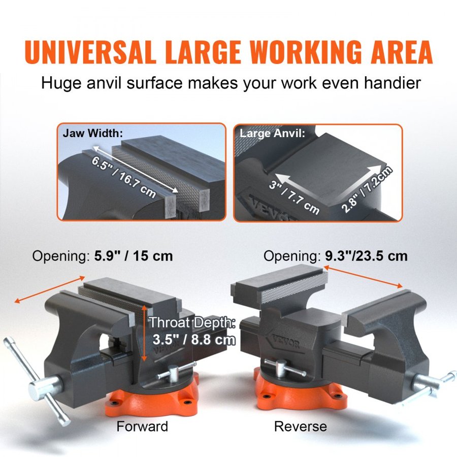 VEVOR Bench Vise, 16.5 cm Jaw Width 16.5 cm Forward & 23.6 cm Reverse Opening, 360-Degree Swivel Locking Base Multipurpose Workbench with Anvil, Heavy Duty Ductile Iron with Bolts & Nuts, for Drilling, Pipe Cut