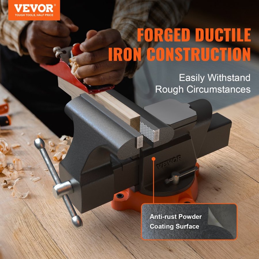 VEVOR Bench Vise Jaw Width 15.2 cm Jaw Opening 15 cm w/ Anvil 360° Swivel Locking Base 60,000 PSI Rust-proof Heavy Duty Ductile Iron for Sharpening, Grinding, Cutting, Tapping