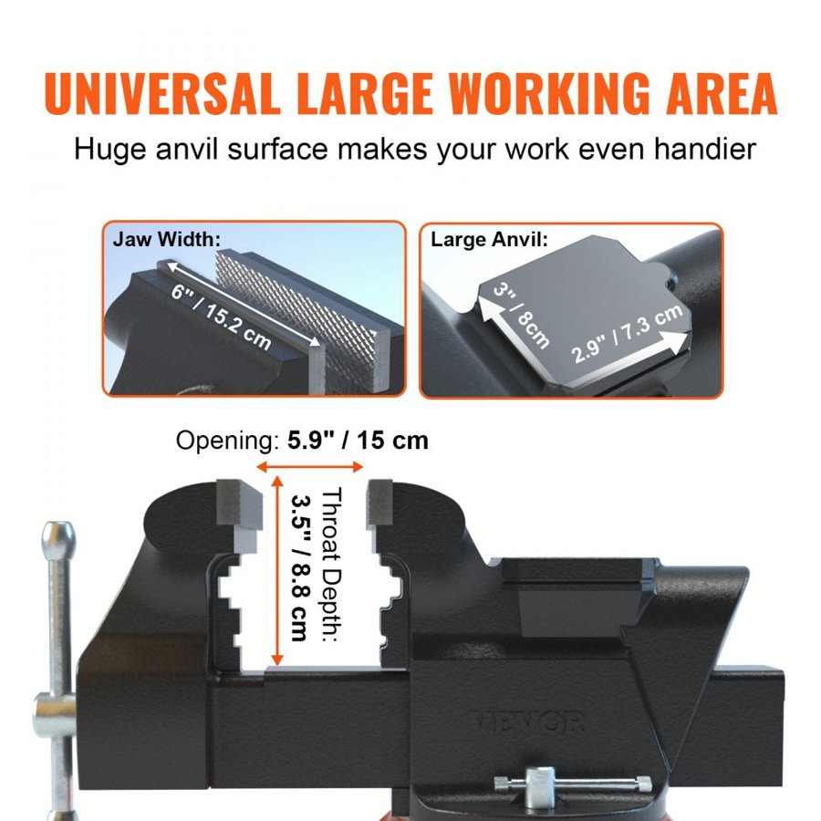 VEVOR Bench Vise Jaw Width 15.2 cm Jaw Opening 15 cm w/ Anvil 360° Swivel Locking Base 60,000 PSI Rust-proof Heavy Duty Ductile Iron for Sharpening, Grinding, Cutting, Tapping
