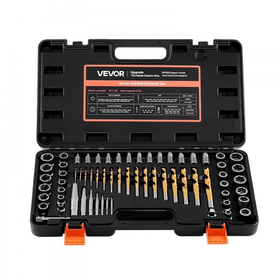 VEVOR Screw Extractor Set with Drill Bits, 65 Pieces, Easy Out Nut Bolt Extractors and Drill Bits, with Adapters, Solid Storage Case, Cr-Mo Steel for Removing Rounded, Broken, or Stripped Fasteners