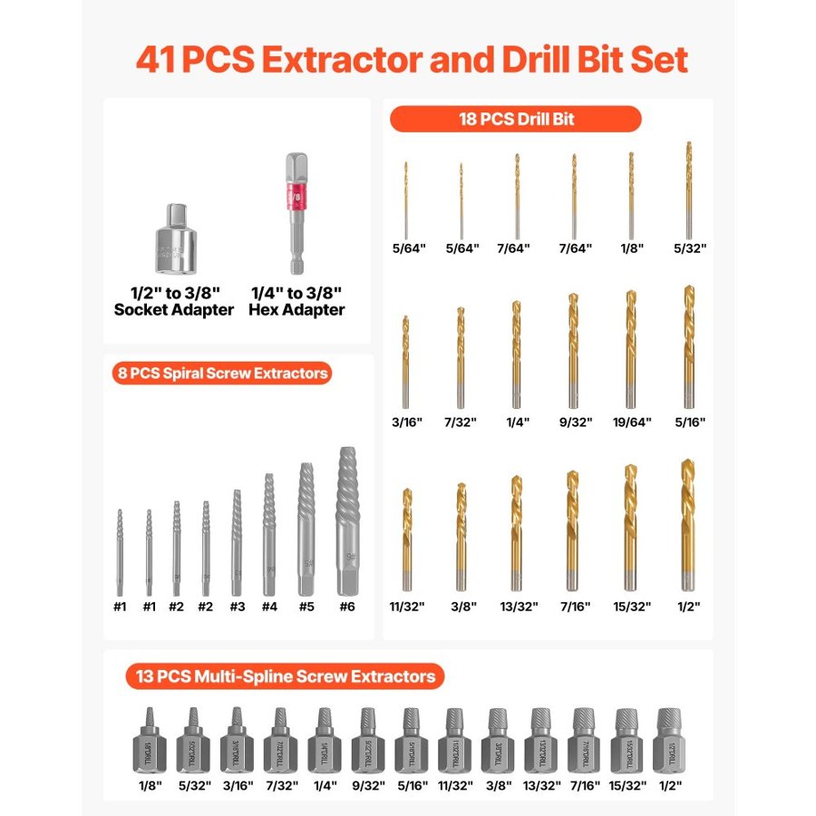 VEVOR Screw Extractor Set with Drill Bits – 41 Pcs, Cr-Mo