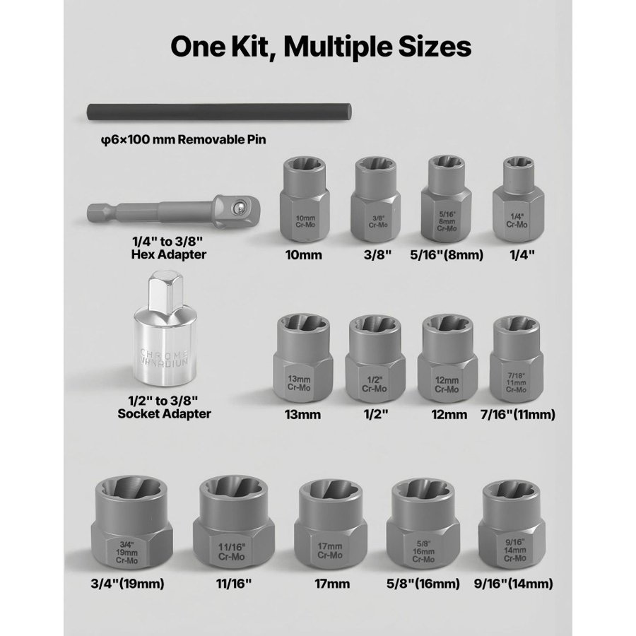 VEVOR Impact Bolt and Nut Remover Set – 16-Pc Cr-Mo Steel