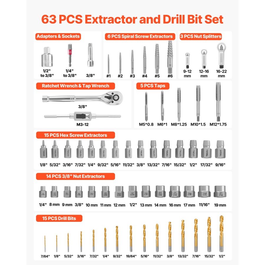 VEVOR Nut and Bolt Extractor Set – 63-Piece, Storage Case
