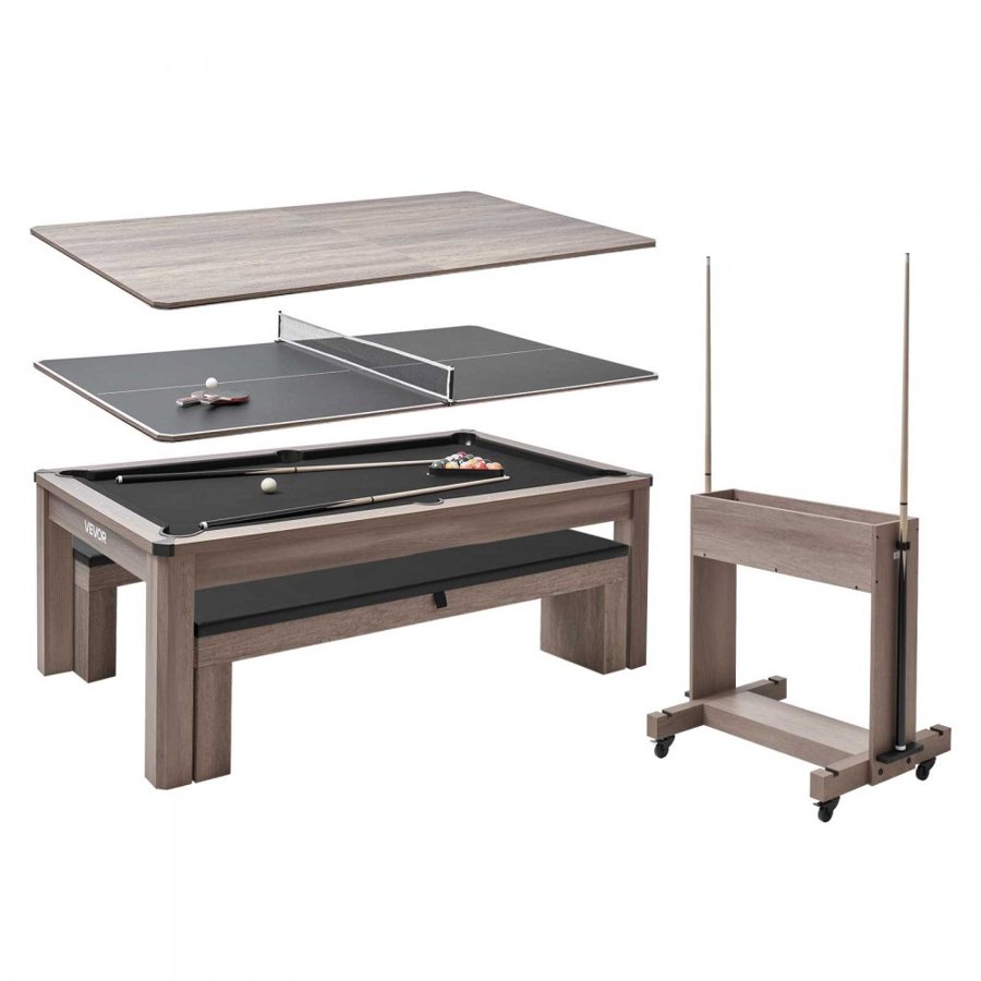 VEVOR 214cm Pool Table Combo Set, 3-in-1 Multi Game Billiards Tables with Dining Top and Ping Pong, 2 Benches for Storage and Accessory, Includes Ball Cue Rack Chalk Brush, for Family Recreation Room