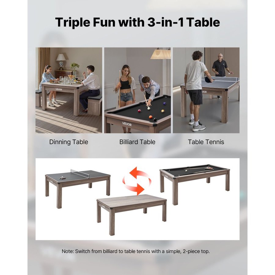 VEVOR 214cm Pool Table Combo Set, 3-in-1 Multi Game Billiards Tables with Dining Top and Ping Pong, 2 Benches for Storage and Accessory, Includes Ball Cue Rack Chalk Brush, for Family Recreation Room