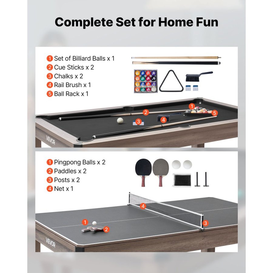 VEVOR 214cm Pool Table Combo Set, 3-in-1 Multi Game Billiards Tables with Dining Top and Ping Pong, 2 Benches for Storage and Accessory, Includes Ball Cue Rack Chalk Brush, for Family Recreation Room
