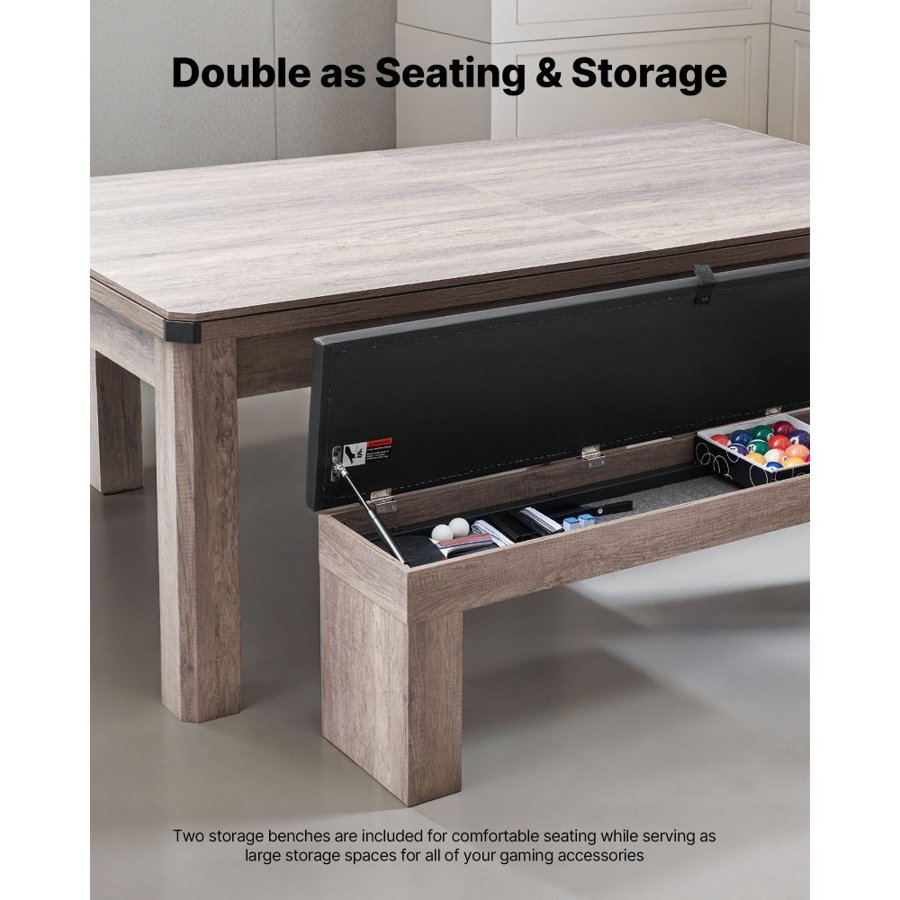 VEVOR 214cm Pool Table Combo Set, 3-in-1 Multi Game Billiards Tables with Dining Top and Ping Pong, 2 Benches for Storage and Accessory, Includes Ball Cue Rack Chalk Brush, for Family Recreation Room