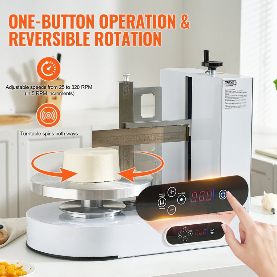 VEVOR Cake Decorating Machine, Cake Cream Spreading Coating Smearing Machine, Low Noise Cake Frosting Machine, Turntable with Adjustable Scraper, for 6" to 14" Cake, 25-320RPM Rotating Speed, White
