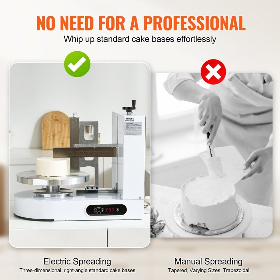 VEVOR Cake Decorating Machine, Cake Cream Spreading Coating Smearing Machine, Low Noise Cake Frosting Machine, Turntable with Adjustable Scraper, for 6" to 14" Cake, 25-320RPM Rotating Speed, White