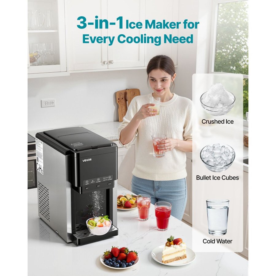 VEVOR Water Dispenser with Ice Maker, 3-in-1 Countertop Water Dispenser, 16 KG/24H, 12 Cubes/7 Min Fast Ice Making with 1.8 KG Storage, Bullet/Crushed Ices & Cold-Water, for Home, Kitchen, Party