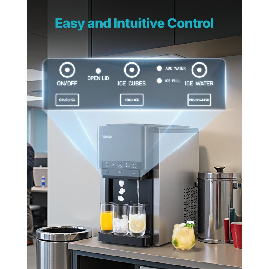 VEVOR Water Dispenser with Ice Maker, 3-in-1 Countertop Water Dispenser, 16 KG/24H, 12 Cubes/7 Min Fast Ice Making with 1.8 KG Storage, Bullet/Crushed Ices & Cold-Water, for Home, Kitchen, Party