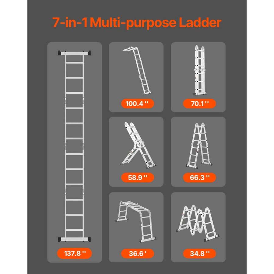 VEVOR Multi-Purpose Folding Ladder, 7-in-1 Tall Step Ladder, A Frame 3 Step Adjustable Telescoping Ladder, 12ft Reach Height Heavy Duty Extension Ladder, 330 lbs Capacity for Household Outdoor Work