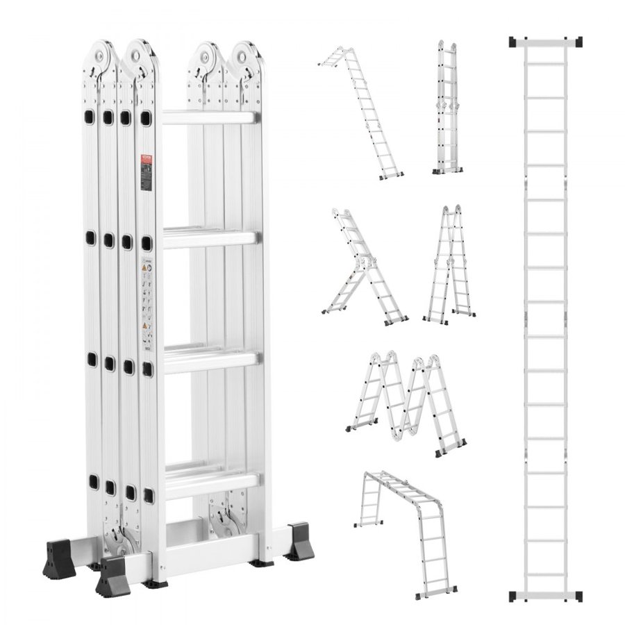 VEVOR Multi-Purpose Folding Ladder, 7-in-1 Tall Extension Step Ladder, A Frame 4 Step Telescoping Ladder, 15.5ft Reach Height Heavy Duty Adjustable Ladder, 330 lbs Capacity for Home Outdoor
