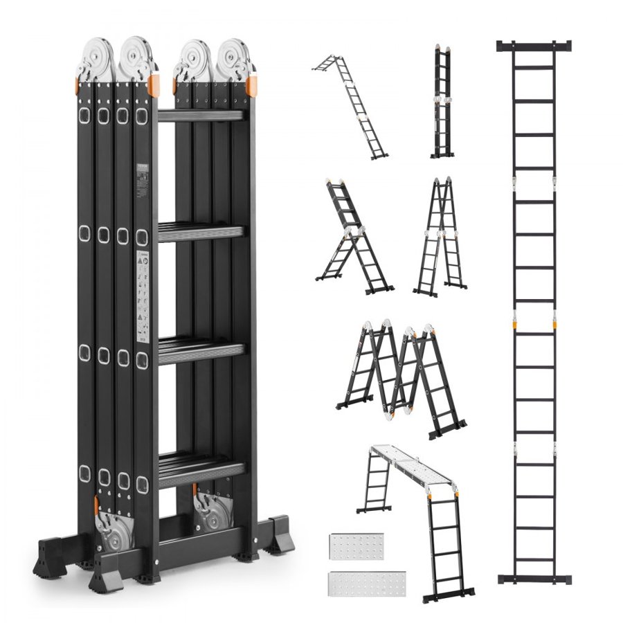 VEVOR Multi-Purpose Folding Ladder, 7-in-1 Tall Extension Step Ladder, A Frame 4 Step with Scaffolding Plank Telescoping Ladder, 15.5ft Reach Height Heavy Duty , 330 lbs Capacity for Home Outdoor