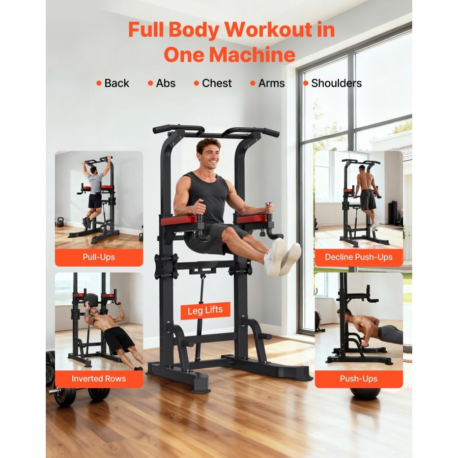 VEVOR Pull Up Bar, 150kg Power Tower Dip Station, Workout Dip Station with H-Shaped Stable Base & Assistance Platform, Adjustable 9 Level Height Pullup Stand for Back, 3-Level Adjustable Elbow Pads
