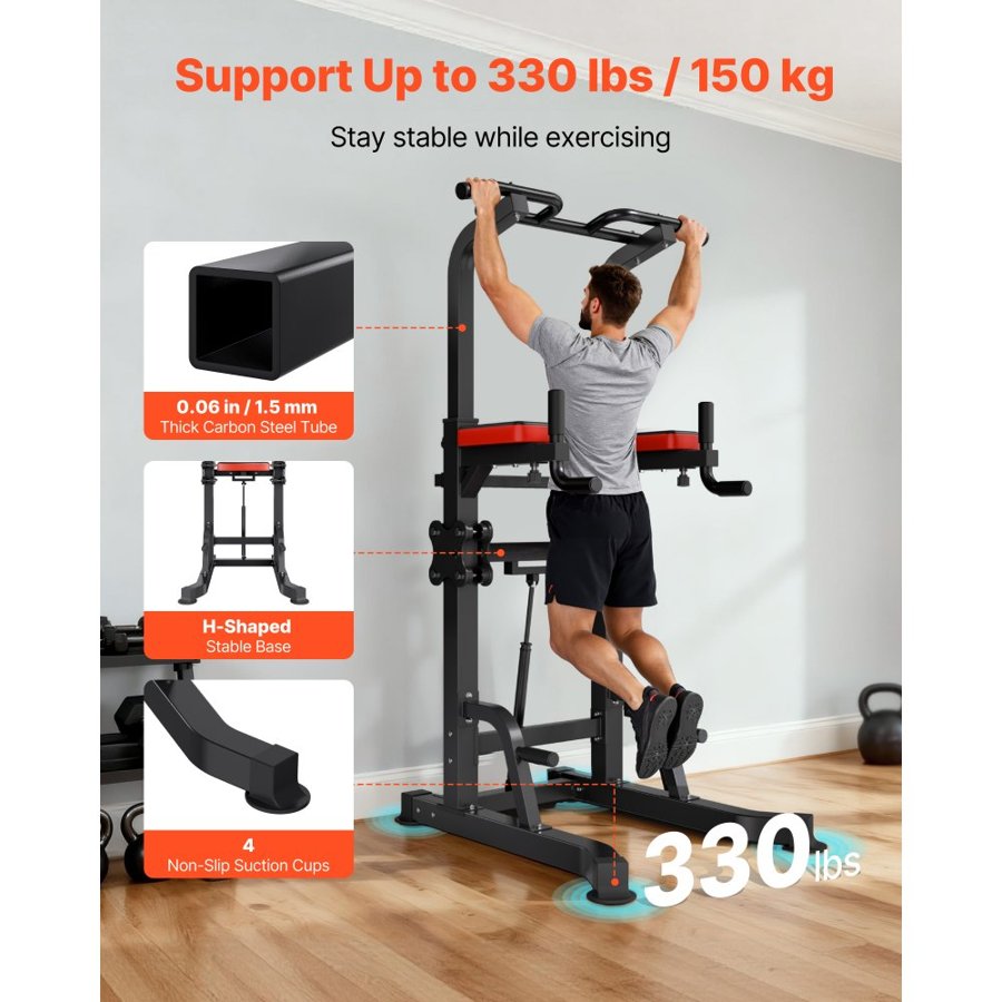 VEVOR Pull Up Bar, 150kg Power Tower Dip Station, Workout Dip Station with H-Shaped Stable Base & Assistance Platform, Adjustable 9 Level Height Pullup Stand for Back, 3-Level Adjustable Elbow Pads