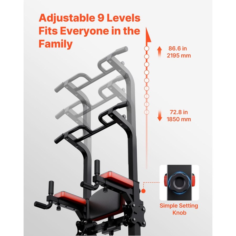 VEVOR Pull Up Bar, 150kg Power Tower Dip Station, Workout Dip Station with H-Shaped Stable Base & Assistance Platform, Adjustable 9 Level Height Pullup Stand for Back, 3-Level Adjustable Elbow Pads