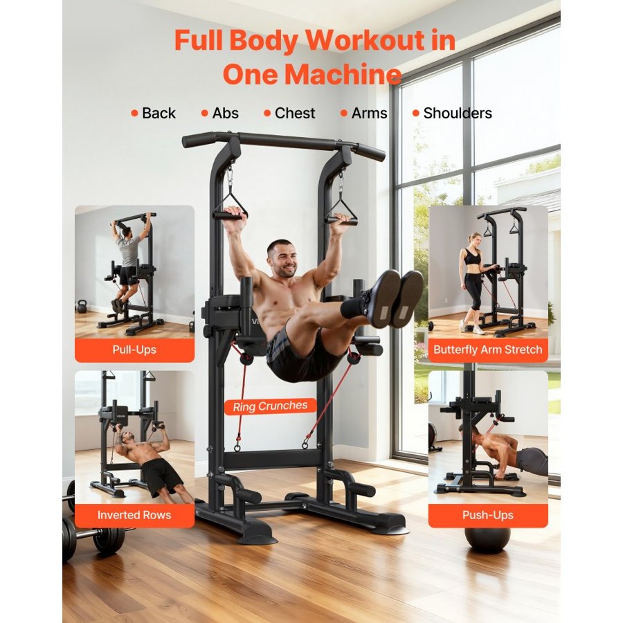 VEVOR Pull Up Bar, 150kg Power Tower Dip Station, Workout Dip Station with H-Shaped Stable Base & Back Pad, Adjustable 12 Level Height Free Standing Chin Up Bar for Back, 4-Level Adjustable Back Pad