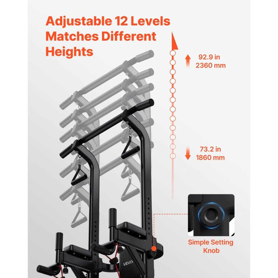 VEVOR Pull Up Bar, 150kg Power Tower Dip Station, Workout Dip Station with H-Shaped Stable Base & Back Pad, Adjustable 12 Level Height Free Standing Chin Up Bar for Back, 4-Level Adjustable Back Pad