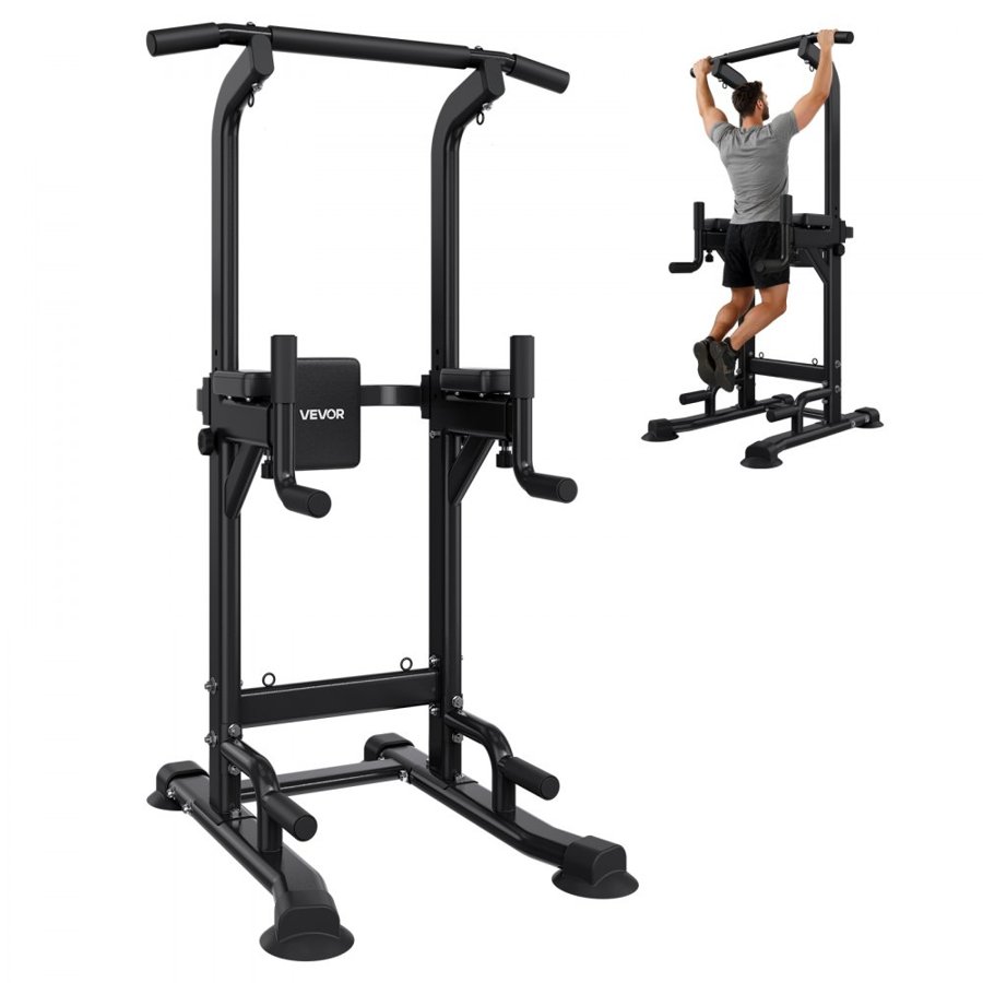 VEVOR Pull Up Bar, 150kg Power Tower Dip Station, Workout Dip Station with H-Shaped Stable Base & Back Pad, Adjustable 12 Level Height Free Standing Chin Up Bar for Back, 4-Level Adjustable Back Pad